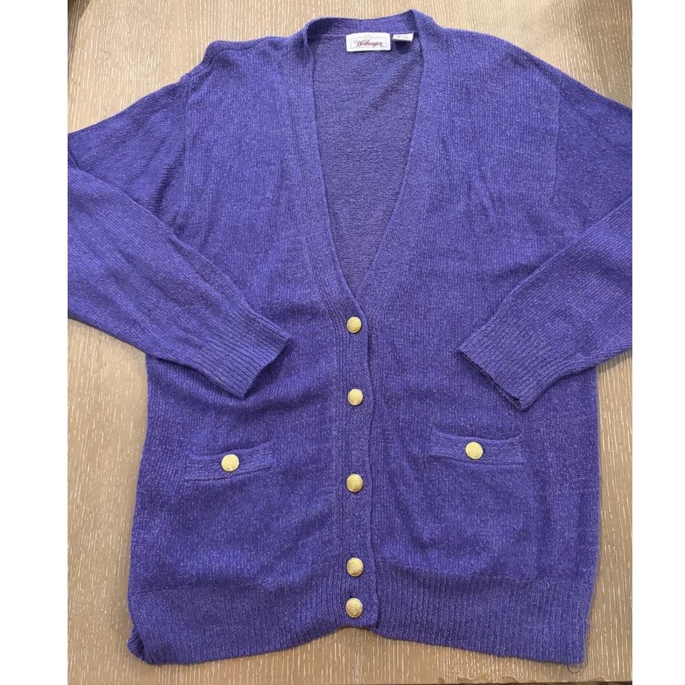 Worthington Purple Angora Wool Silk Blend Cardigan Sweater Womens M Gold Buttons